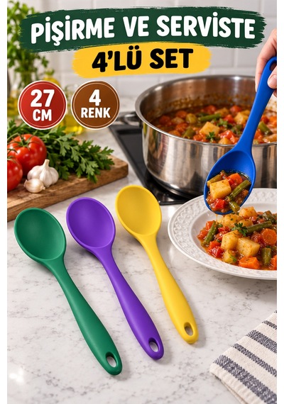 4'lü Set Mavi Yeşil Mor Sarı, Büyük Boy Silikon Kaşık Seti 27 Cm, Mutfak Yemek Pişirme Servis Kaşığı