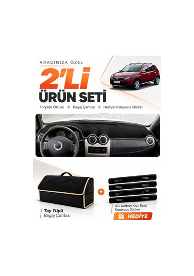 Dacıa Sandero 2010-2015 Uyumlu Torpido Örtüsü + Tay Tüyü Bagaj Çantası + Sticker Seti - Siyah Bej
