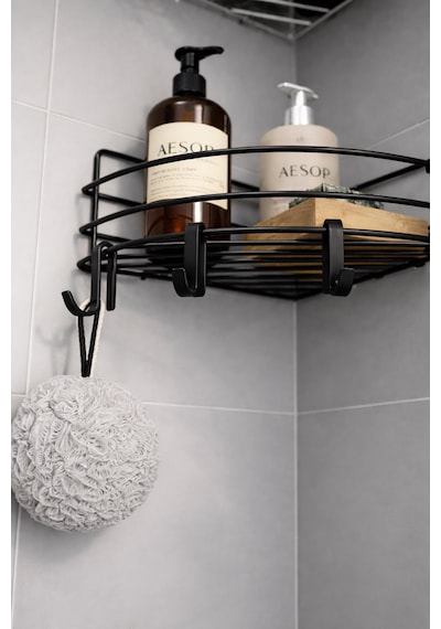 Sas Haus Tek Katlı Köşe Duş Rafı Kancalı Banyo Şampuanlık & Organizer 2 Adet Siyah Tk-01 Siyah