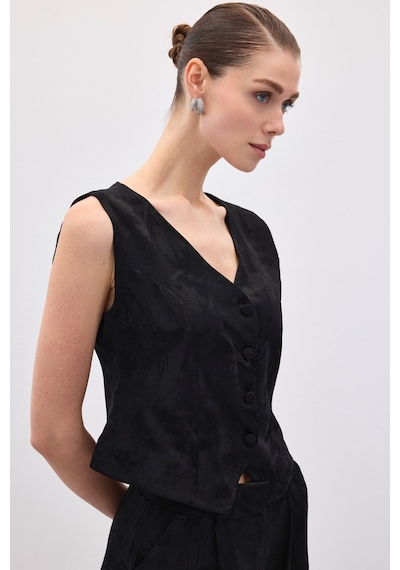 Sateen Jakarlı Yelek - Siyah-136839 Siyah