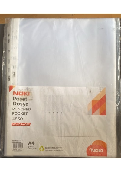 Noki Poşet Dosya A4 Şeffaf Punched Pocket Delgeçli 100'lü Paket 4830 0.75 LT - 2.5 LT - 12 KG