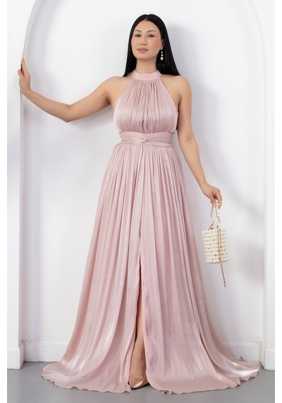 Kalopya Halter Yaka Beli Düğümlü Yırtmaçlı Elbise Drp6882 Pembe