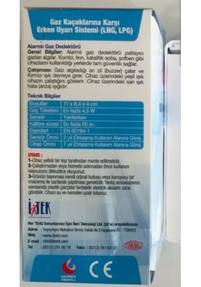 İtek Doğalgaz Ve Lpg Alarm, Ce Belgeli Ve Gazmer Onaylı, Selenoid Vana Uyumlu