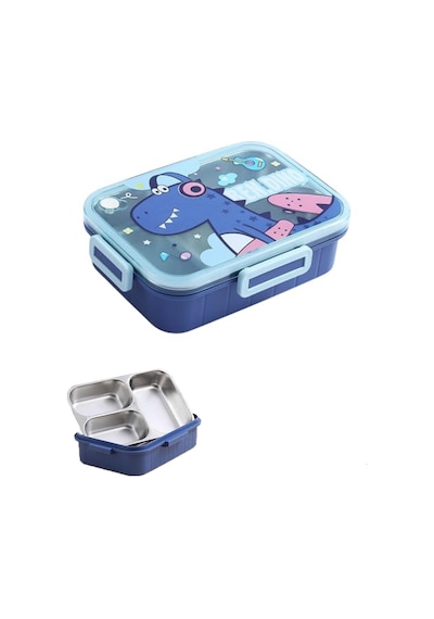 Vagonlife Bento 750ml Lunchbox Sevimli Dostlar Tek Katlı 3 Bölmeli Paslanmaz Çelik Sefer Tası Yemek Kutusu Mavi Dinozor Çok Renkli