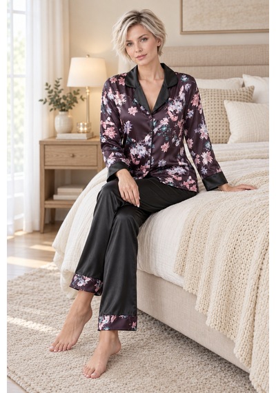 Loule Kadın Siyah Çiçekli Gömlekli Saten Pijama Takımı Uzun Kollu