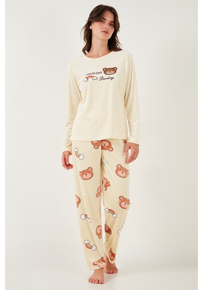 Lela Desenli Regular Fit Bisiklet Yaka Uzun Kollu Bayan Pijama Takımı 65713312 Sarı