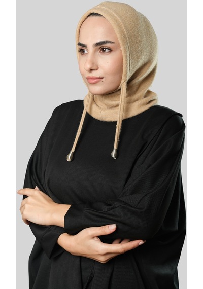 Hürrem Bone Bej Bağcıklı Peluş Balaklava Boyunluklu Bere Jakar Düz 2327 12 Bej