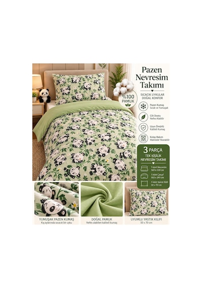Slc Home %100 Pamuk Pazen Genç/çocuk Tek Kişilik Nevresim Takımı Yeşil Panda Yeşil - 938499179 Yeşil