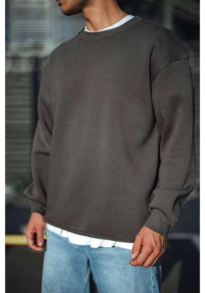 Erkek Bisiklet Yaka 3 İplik Pamuklu Basic Sweatshirt - Antrasit