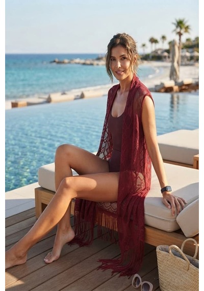 Maşuka Dantel Detaylı Püsküllü Plaj Pareosu Ve Kolsuz Kimono, Yelek Aksesuar Bordo Bordo