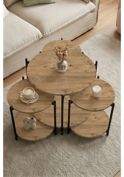 Zigon Ve Orta Sehpa 4'lü Takım , Metal Ayaklı , Daisy 3+1 Sehpa Atlantik Çam