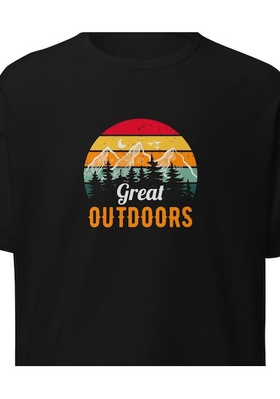 Wildstyle Great Outdoors Retro Dağ Manzara Kamp Doğa Baskılı Unisex Pamuklu Tişört Siyah