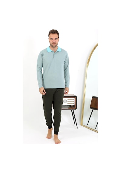 Akbeniz Erkek Polo Yaka Uzun Kol Penye Pijama Takımı 6862 Su Yeşili Su Yeşili