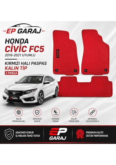 Honda Civic Fc5 2016-2021 Uyumlu Kırmızı Halı Paspas Takımı 3 Parça Kalın Tip