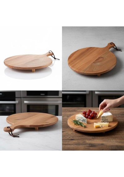 Ayaklı Akasya Sunum Tabağı Ve Servis Tahtası 40x30 Cm Doğal Ahşap Modern Peynir, Şarküteri, Pizza Ve Kahvaltı Tahtası Saplı Ve Yükseltilmiş Ayaklı Sunumluk Çok Renkli