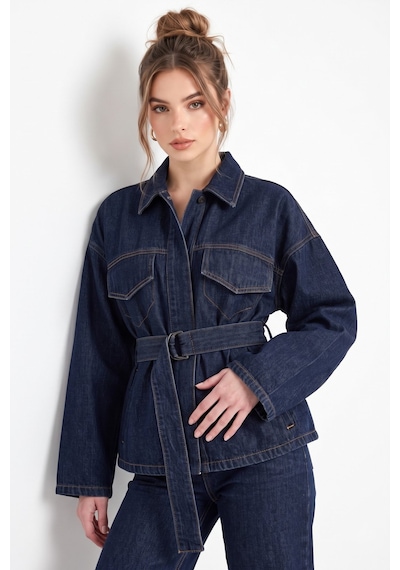 Saade Lacivert Belden Bağlamalı Denim Ceket Ve Pantolon İkili Takım