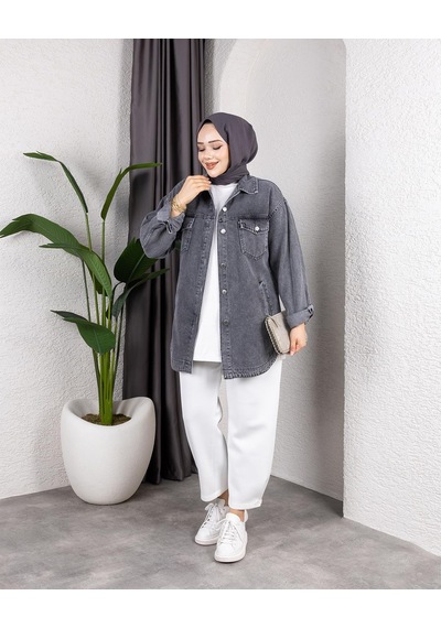 Hb Harma Time Butik Kadın Yıkamalı Cepli Denim Koyu Gri Ceket