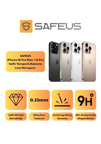 Safeus Safir Temperli Kamera Lens Koruyucu Apple Uyumlu iPhone 16 Pro Max İle Titanyum Gri