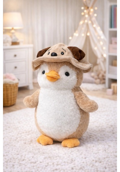 Şapkalı Penguen Peluş Pembe 35 Cm Kahverengi