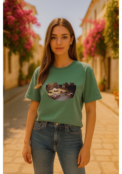 Markapia Kadın Bisiklet Yaka %100 Pamuk Blok Baskılı Kısa Kollu T-shirt Çok Renk Yeşil