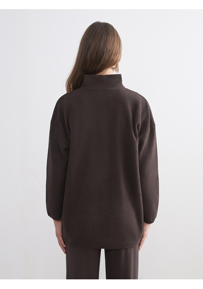 Lcw Modest Kahverengi Dik Yaka Nakışlı Polar Kadın Sweatshirt Tunik