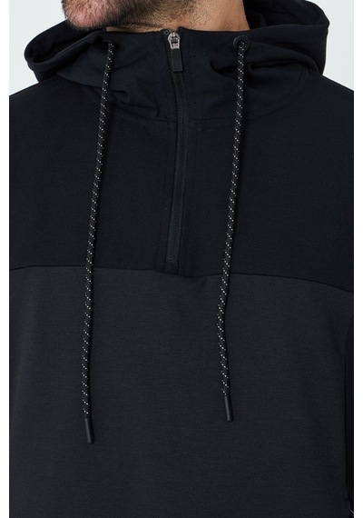 White Stone Siyah Kapüşonlu Yarım Fermuarlı Yandan Cepli Erkek Sweatshirt