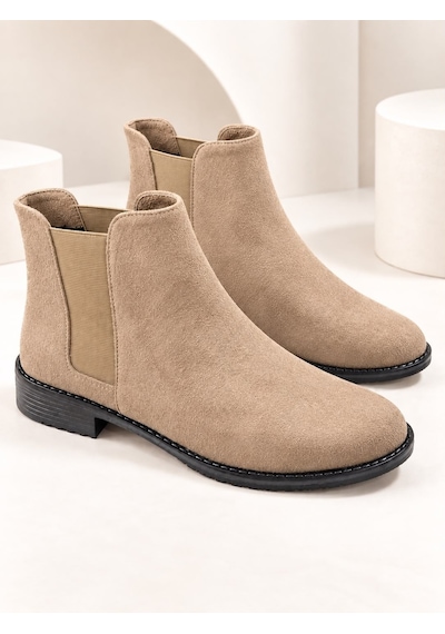 Dabab Shoes Maral Kadın Vizon Süet Yuvarlak Burun Lastik Detaylı 3 Cm Topuklu Kaymaz Taban Chelsea Bot Bootie