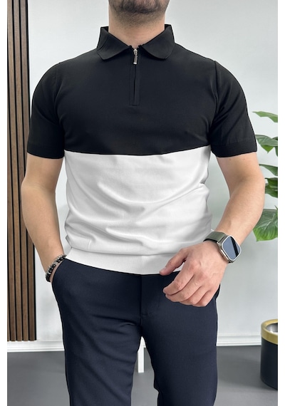 Erkek Renk Bloklu Polo Yaka Yarım Fermuarlı Tişört Beyaz Edw234 Beyaz