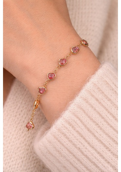 Kalpli Zirkon Taşlı Gold Renk Bileklik 18 Cm Pembe