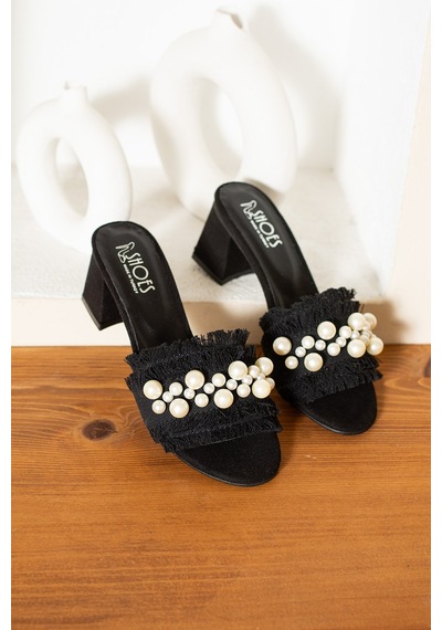 Dabab Shoes Nubıa Kadın İnci Detaylı Hasır Topuklu Siyah Terlik Sandalet