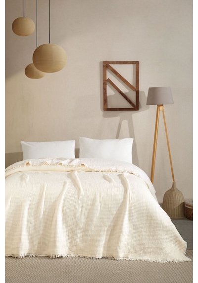 Varol Tek Kişilik 5 Katlı %100 Pamuk Müslin Yatak Örtüsü - Krem Krem/160x230cm Krem