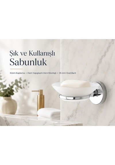Alper Banyo İris Krom Kaplama Sabunluk, Yapışkanlı Ve Vidalı Montaj, Duvar Tipi Beyaz Sabun Kabı, 35 Mm Oval Bantl Çok Renkli