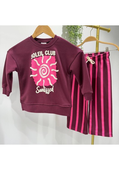 Soleil Club Baskılı Mürdüm Sweatshirt Çizgili Kız Çocuk Alt Üst Takım Süper Kalite 3ip Pembe Soleil Club Baskılı Mürdüm Sweatshirt Çizgili Kız Çocuk Alt Üst Takım Süper Kalite 3ip Pembe