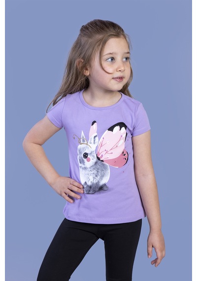 Toontoy Kids Toontoy Kız Çocuk Tavşan Baskılı Pul İşlemeli Tişört Lila