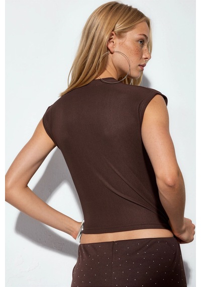 Hiccup Bdart Bisiklet Yaka Slim Fit Taşlı Bluz Mocha Kahvesi