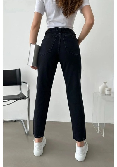 Woddi Çnr Kadın Yüksek Bel Mom Jeans Likralı Esnek Kot Pantolon Yeni Hsn Siyah
