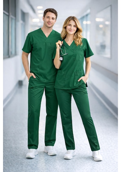 Likralı Hemşire Doktor Forması Premium Belinda Soft Kumaş Scrubs Hastane Üniforması Cerrahi Takım Yeşil