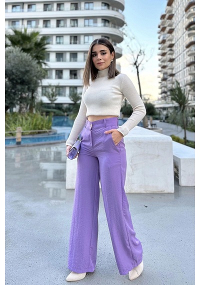 WeShaya Kadın Lila Yüksek Bel, Cepli, Bol Paça Pantolon Lila