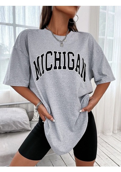 Flood Of Style Kadın Gri Michigan Baskılı Oversize