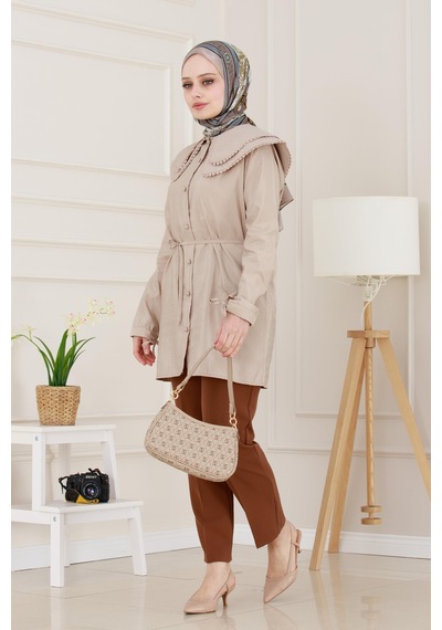 Sevitli Çift Yaka Dantelli Tunik-vizon-4980 Vizon