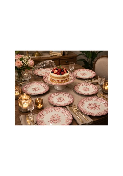 Porser Velour Maroon Fulya Ayaklı Sunum Seti 8 Parça Porselen Pasta Sunum Seti Pembe
