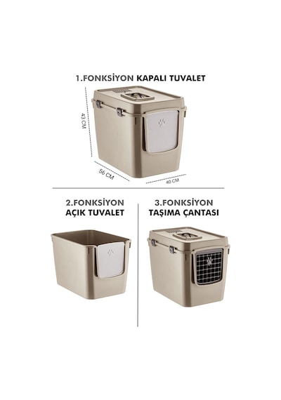 Pribor Hz-500 Xxl 3 Fonksiyonlu Açık / Kapalı Kedi Tuvaleti Ve Taşıma Çantası Bej 56 X 40 X 43 Cm