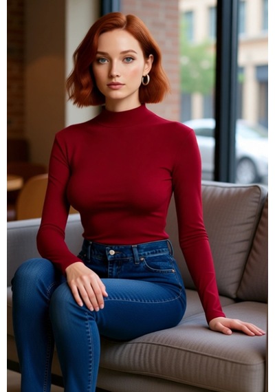 Ersefa Moda Dik Yaka Örme Slim Düz Desen Casual Günlük Regular Uzun Kol bordo