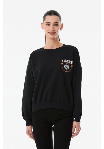 Fullamoda Tigers Baskılı Bisiklet Yaka Sweatshirt Siyah 24KGB890193113-Siyah