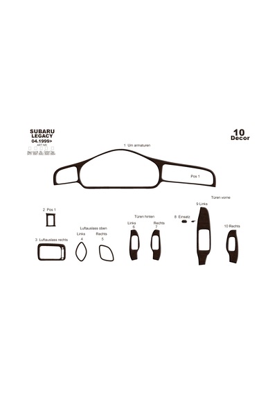 Subaru Legacy Torpido Kaplama 1999-2004 10 Parça Koyu Meşe