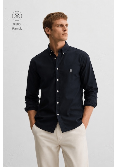 UCLA Tyson Siyah Nakışlı %100 Pamuk Poplin Standard Fit Erkek Gömlek