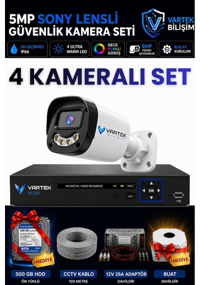 4 Kameralı 5mp Sony Lensli Gece Renkli Güvenlik Kamerası Seti,500 Gb Hdd