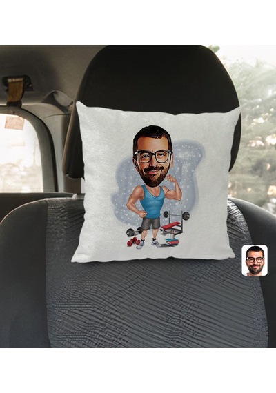 Bk Gift Kişiye Özel Fitnesscı Karikatürlü Kare Araç Koltuk Yastığı-1 Çok Renkli