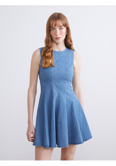 Lcw Comfort İndigo Bisiklet Yaka Peplum Mini Jean Elbise