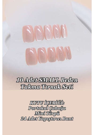 Small Beden Kedi Gözü Kısatırnak 10 Adet Takma Tırnak Seti Kutulu T001 Soft Pembe